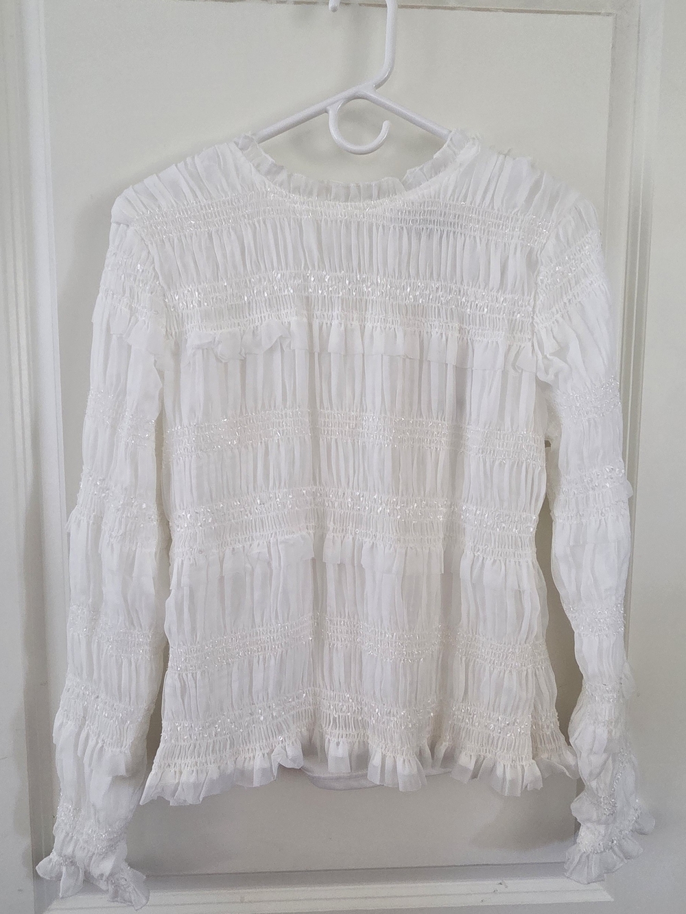 White Smocked Long-Sleeve Ruffled Blouse